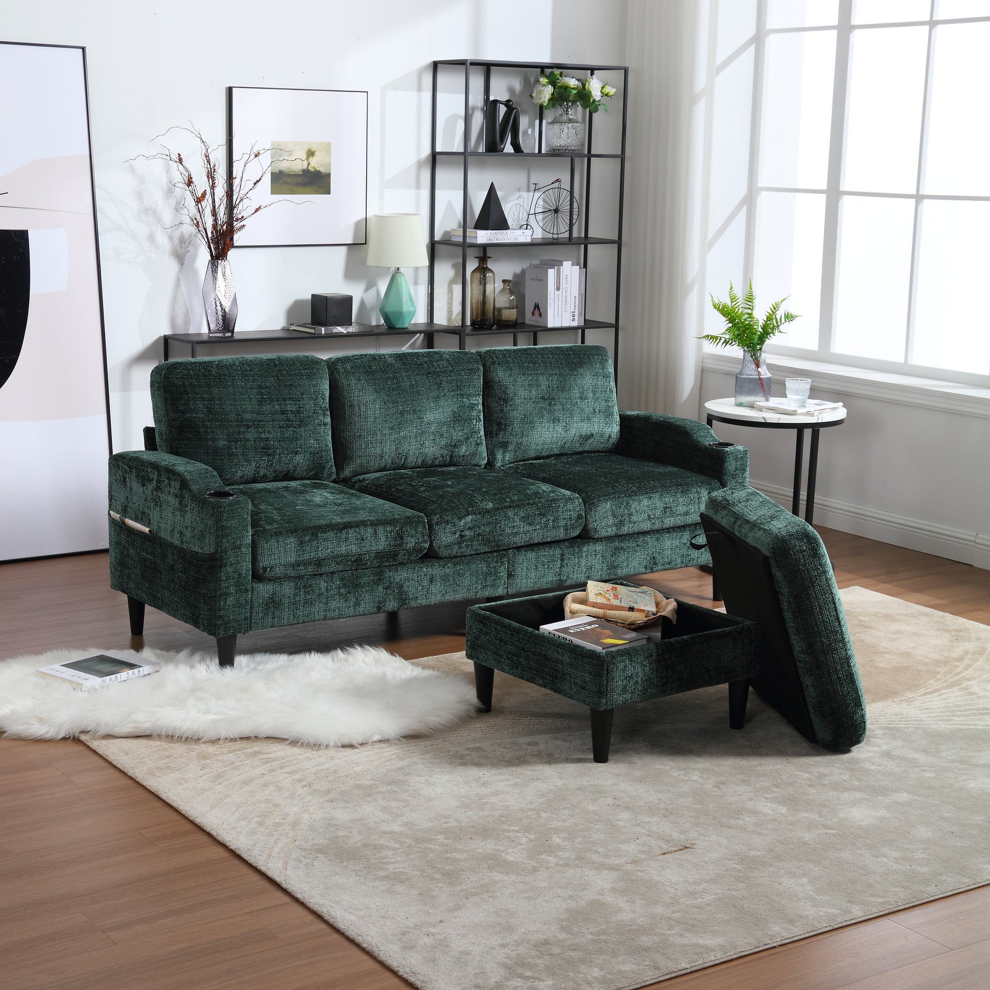 Deep green velvet seater sofa with storage ottoman ideal for modern living rooms