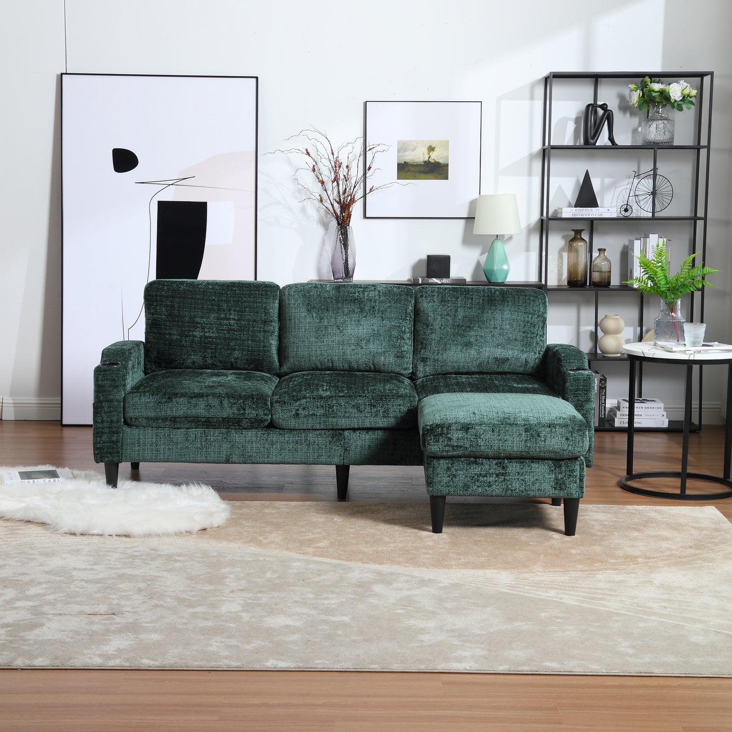 Plush emerald green velvet sectional sofa with chaise lounge modern living room furniture