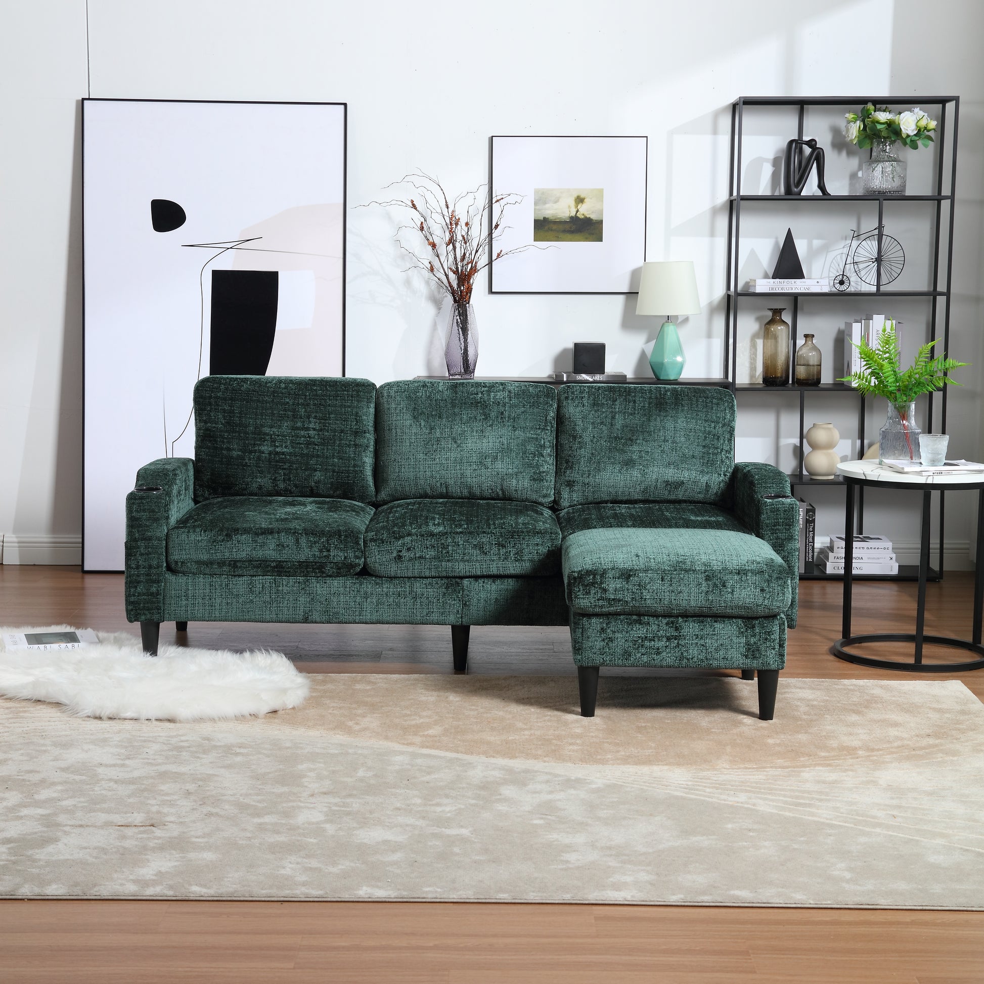 Plush emerald green velvet sectional sofa with chaise lounge modern living room furniture