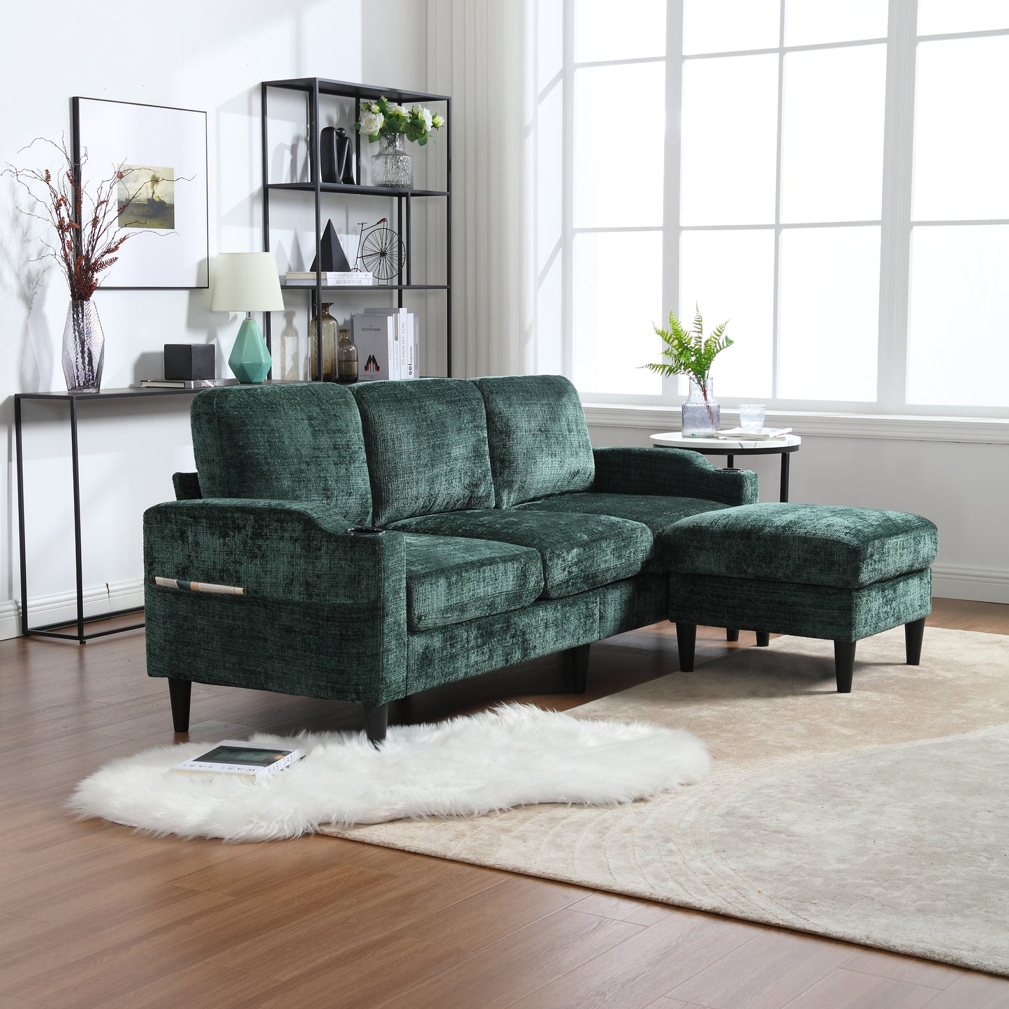 Dark green velvet sectional sofa with ottoman plush textured fabric modern living room furniture