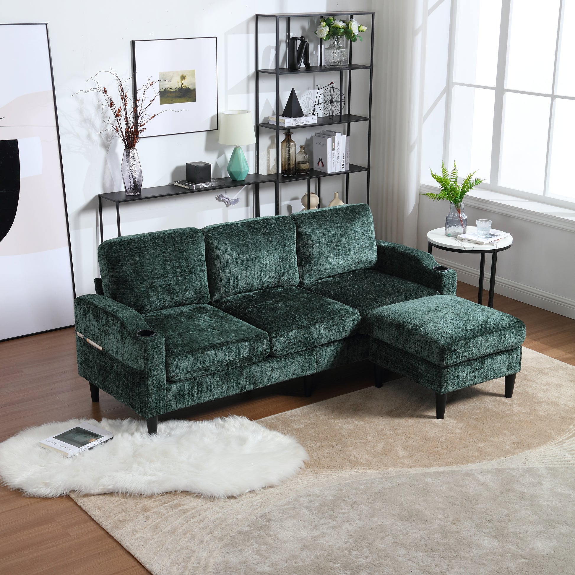 Deep green velvet sectional sofa with plush cushions and matching ottoman perfect for modern living rooms