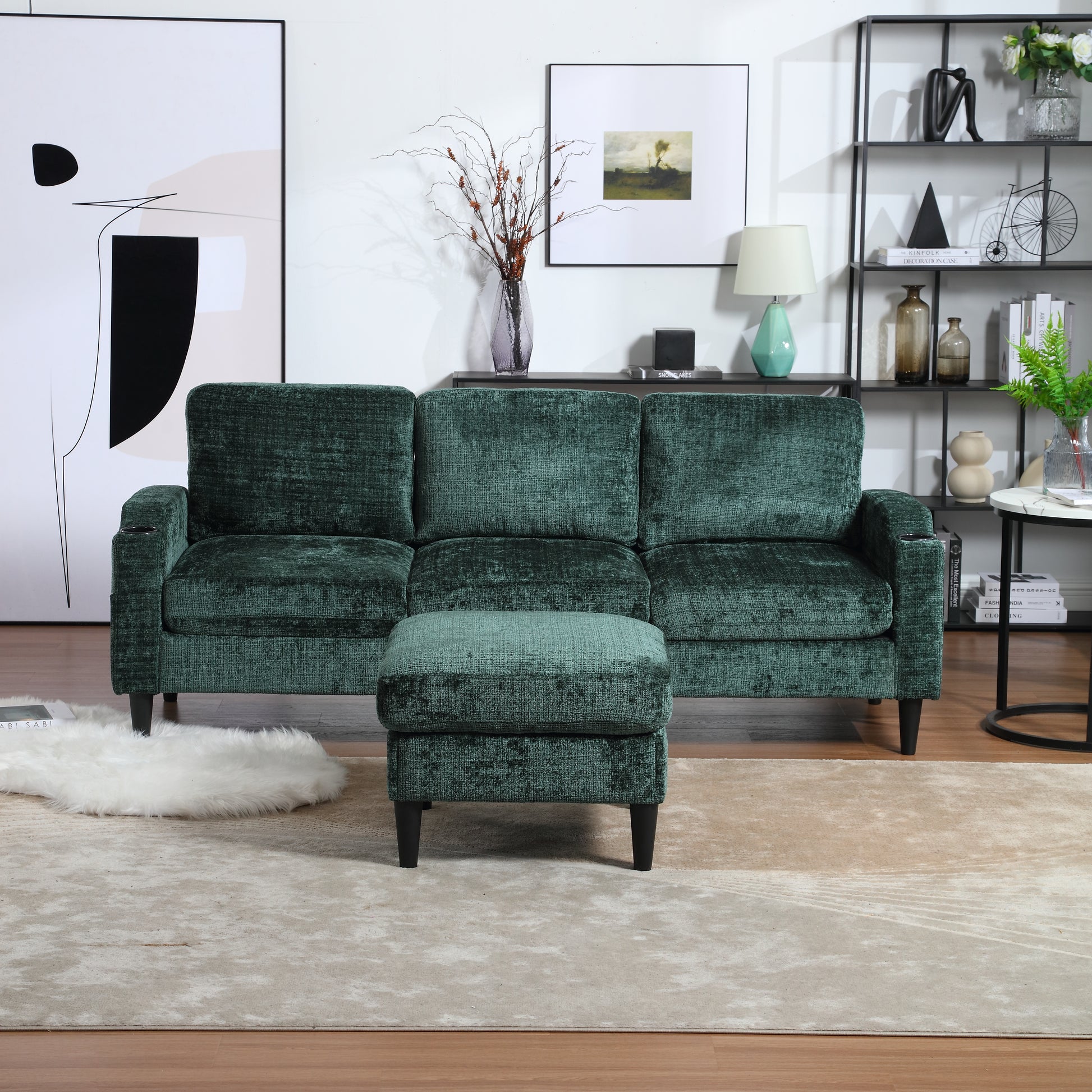 Deep green velvet sofa with matching ottoman perfect for living room comfort