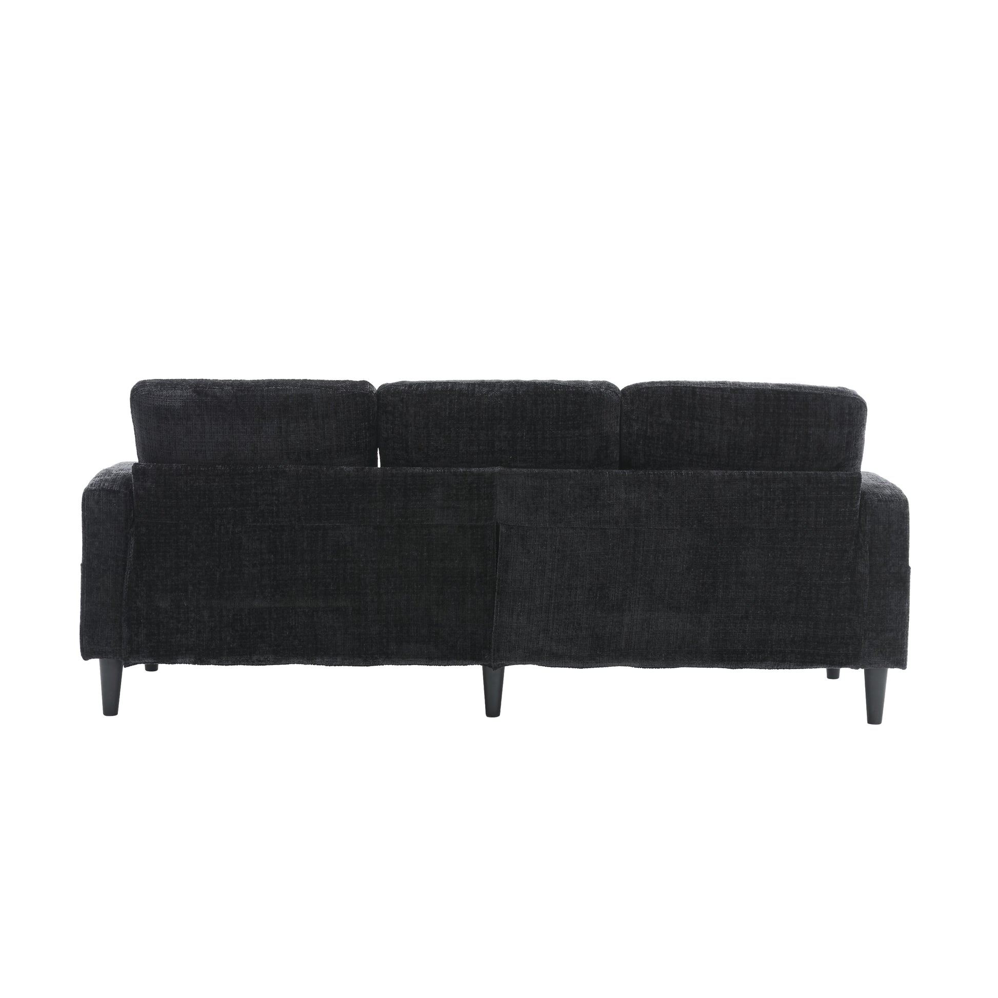 Dark grey textured fabric sofa with three back cushions and black tapered legs