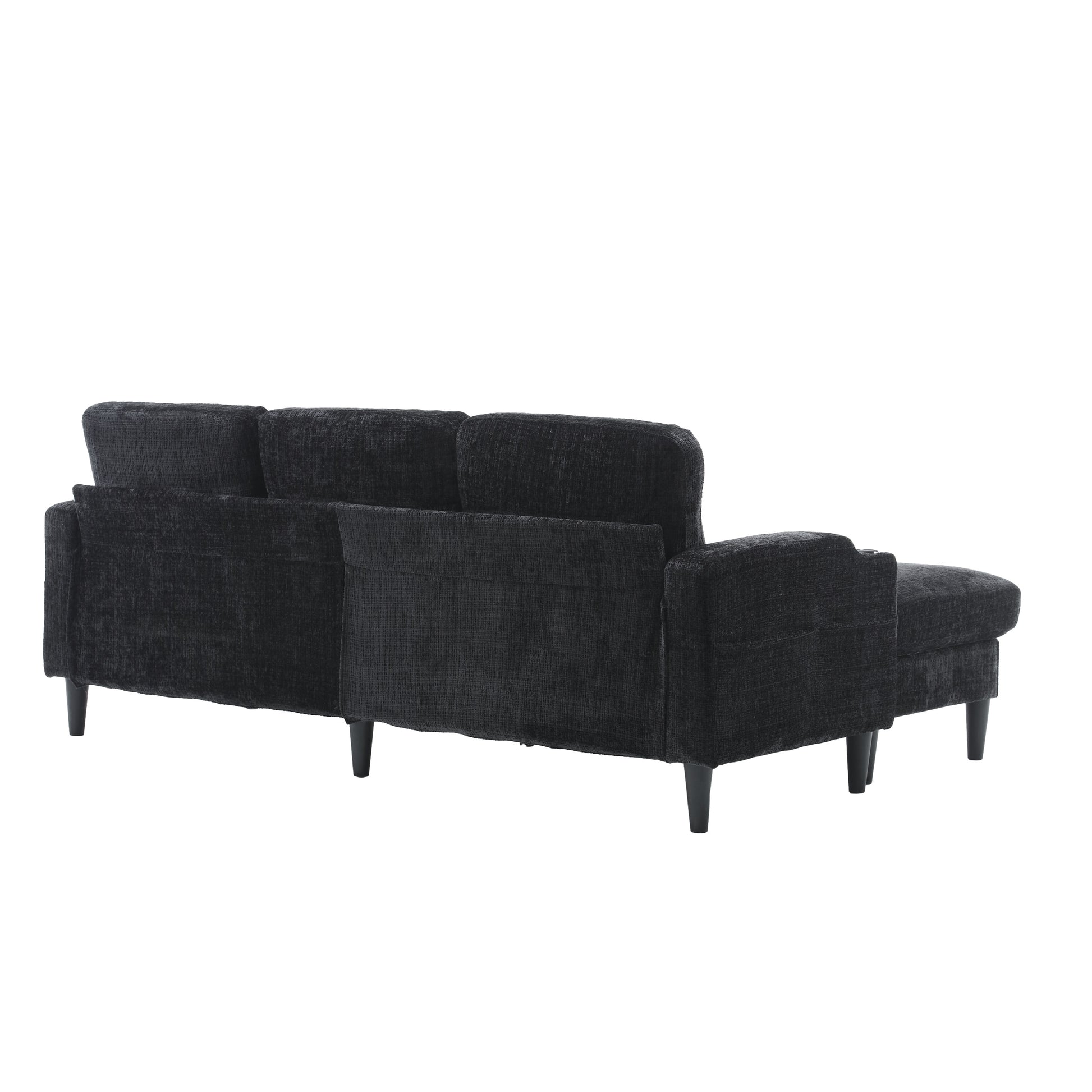 Dark grey textured fabric sofa with chaise lounge from the back