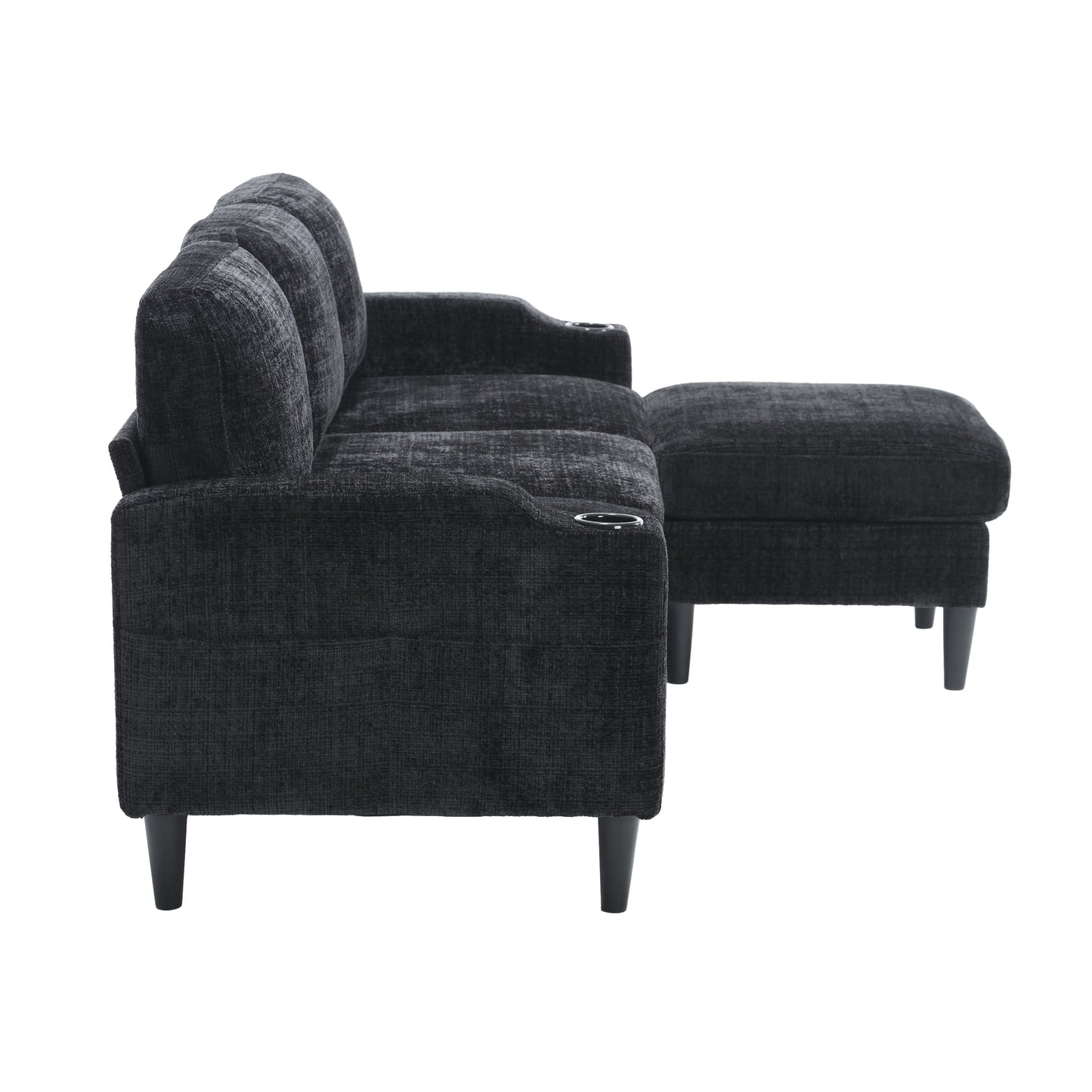 Dark grey upholstered sofa with builtin cup holders and a matching ottoman