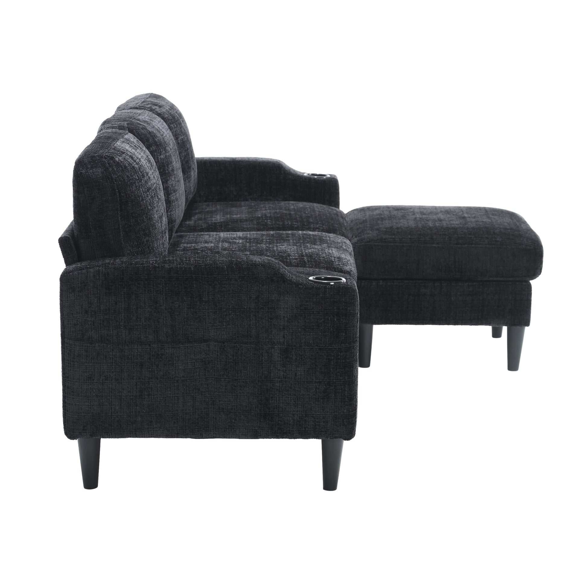 Dark grey upholstered sofa with builtin cup holders and a matching ottoman