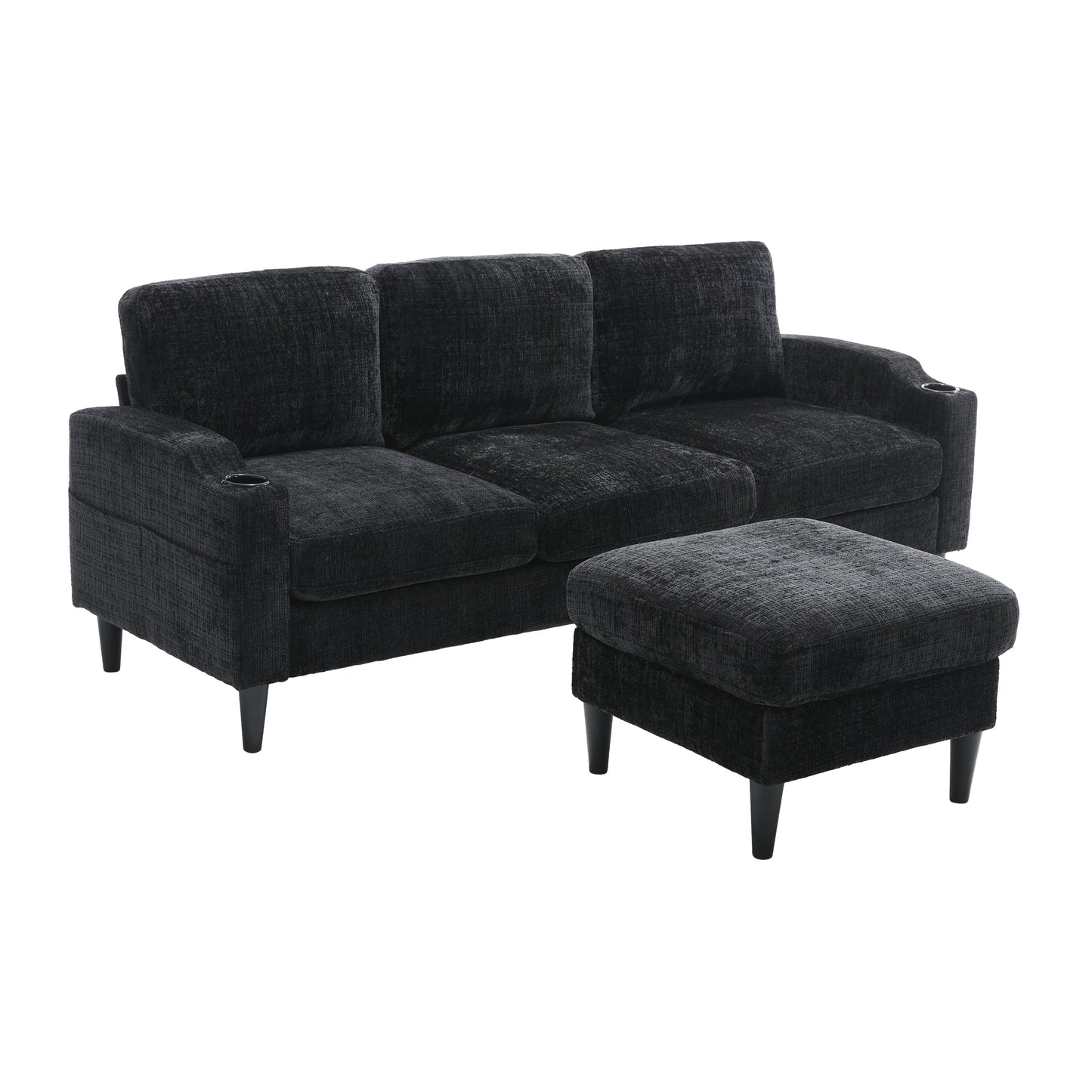 Dark gray textured fabric sofa with matching ottoman and cup holders