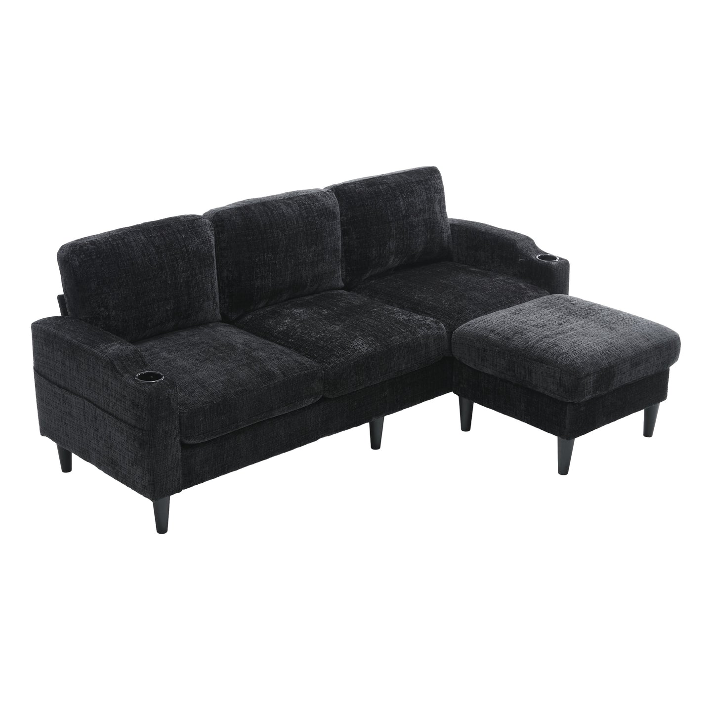 Dark gray textured fabric sectional sofa with reversible chaise and cup holders