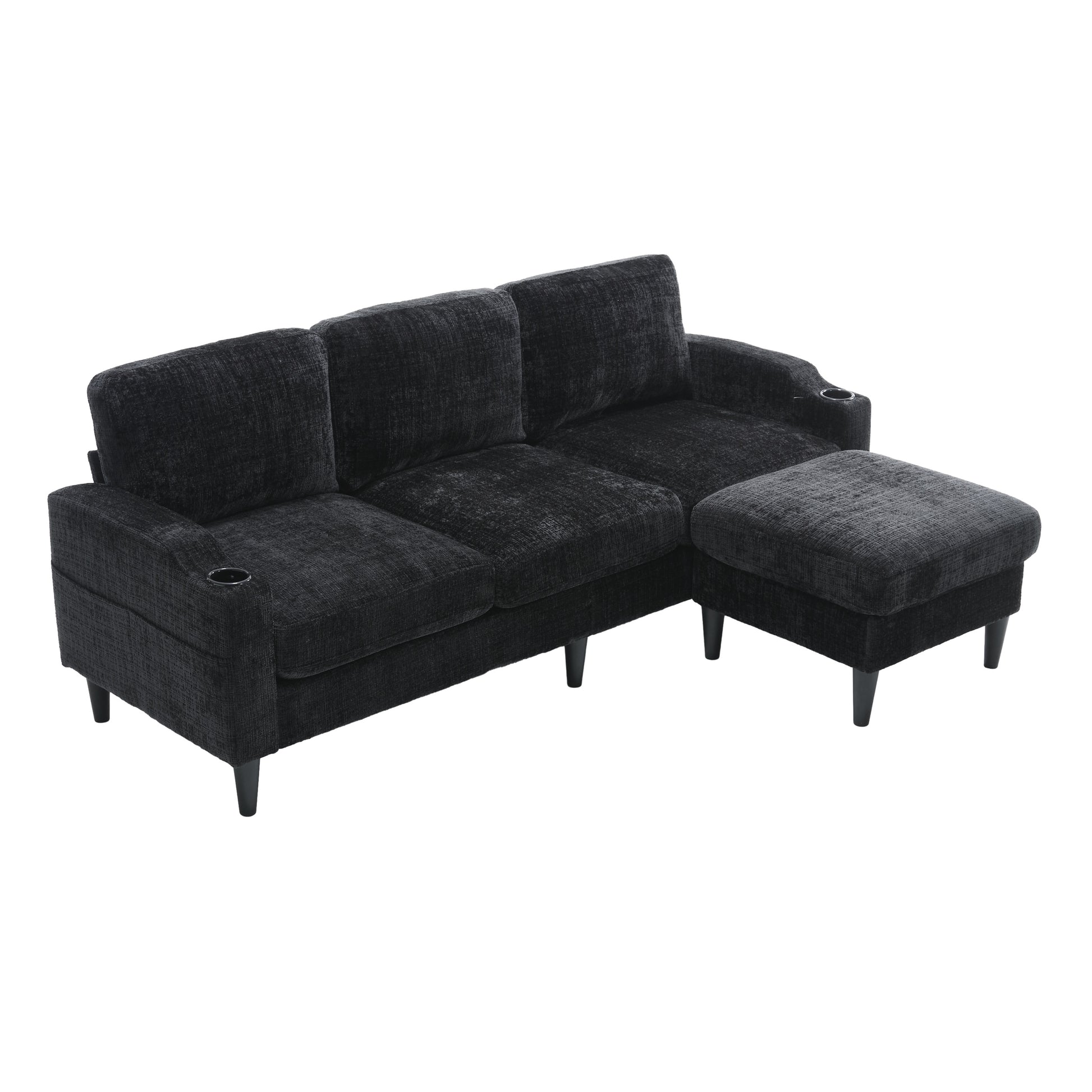 Dark gray textured fabric sectional sofa with reversible chaise and cup holders
