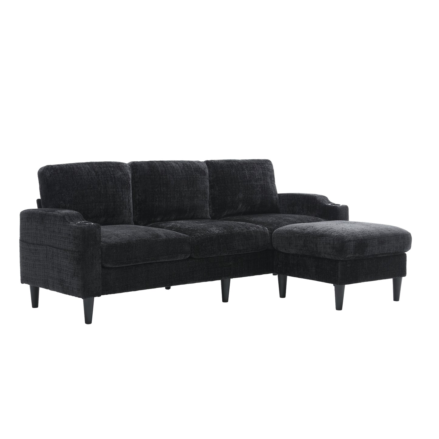 Black textured fabric sectional sofa with chaise and ottoman