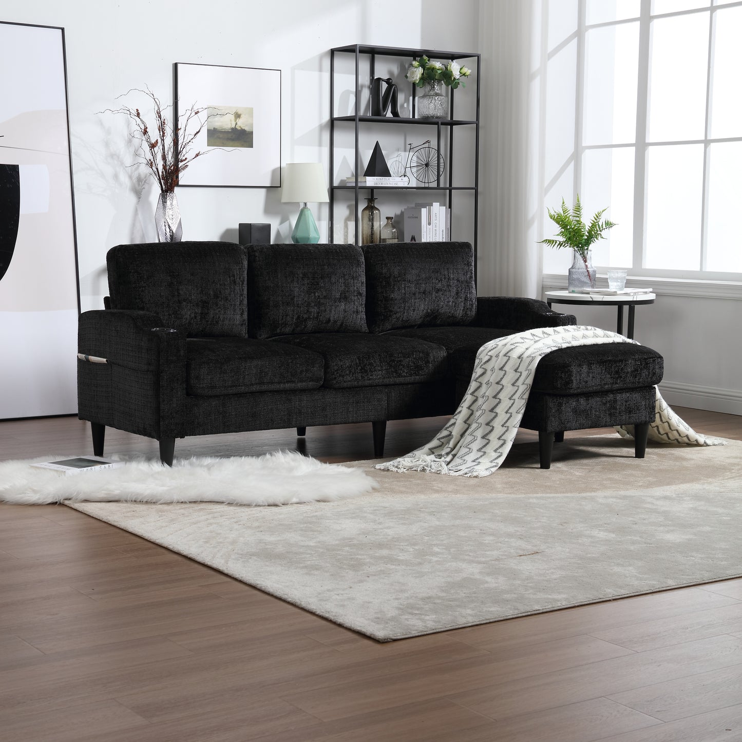 Black textured fabric sectional sofa with chaise modern living room furniture