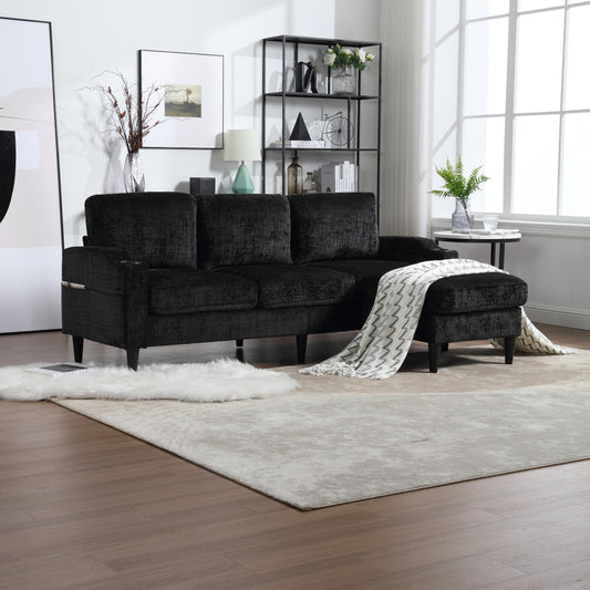 Black textured fabric sectional sofa with chaise modern living room furniture