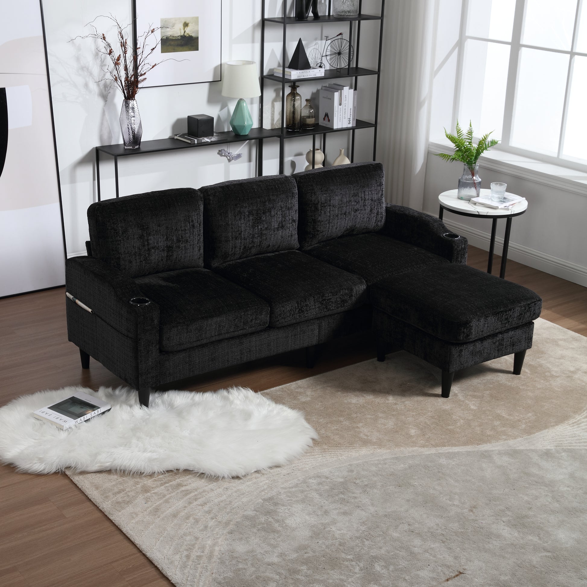 Modern black textured fabric sectional sofa with chaise lounge and builtin cup holders