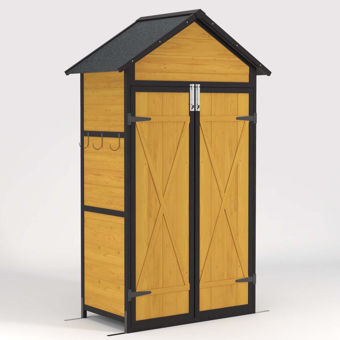 Tall wooden garden shed with a dark grey roof and black trim featuring double doors and external hooks