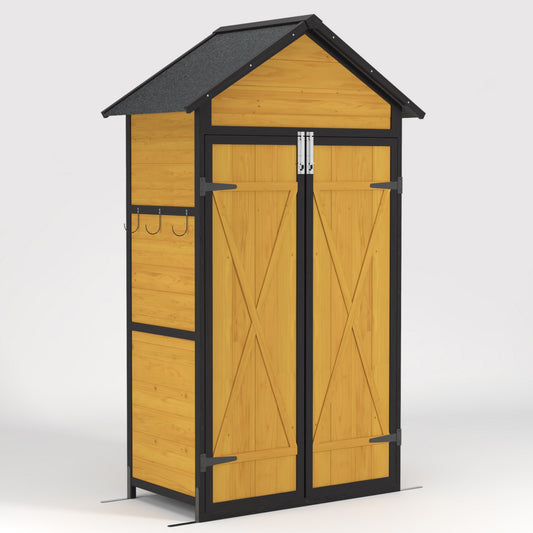 Tall wooden garden shed with a dark grey roof and black trim featuring double doors and external hooks
