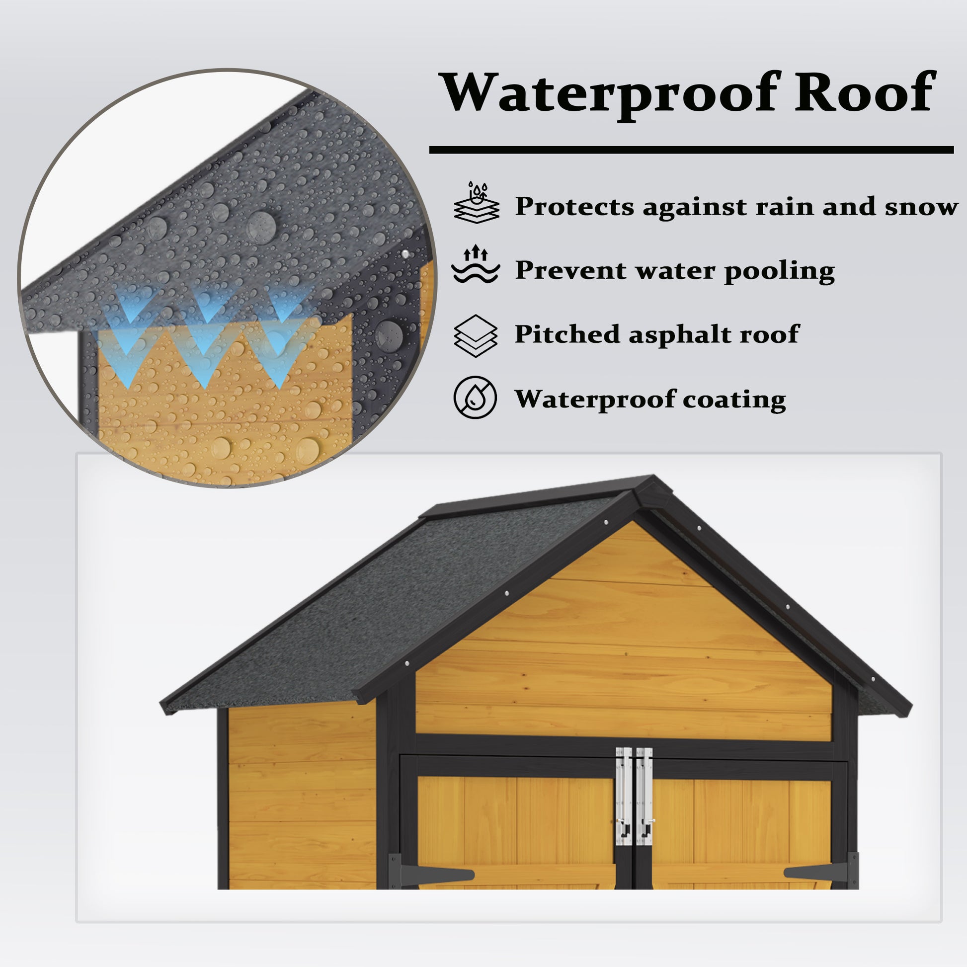 Wooden shed with a dark grey pitched asphalt roof that resists water