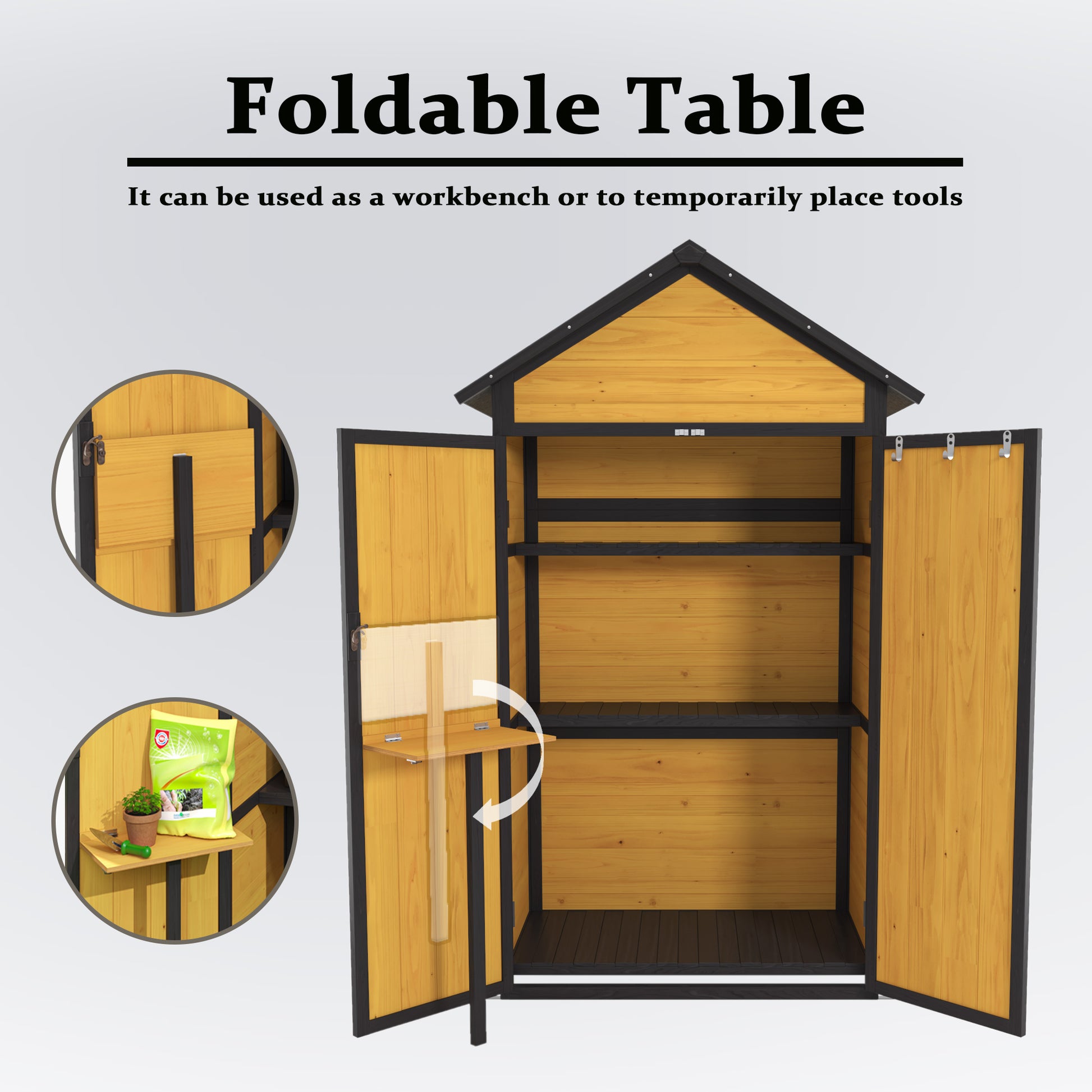 Wooden garden storage shed with three shelves and a folding workbench