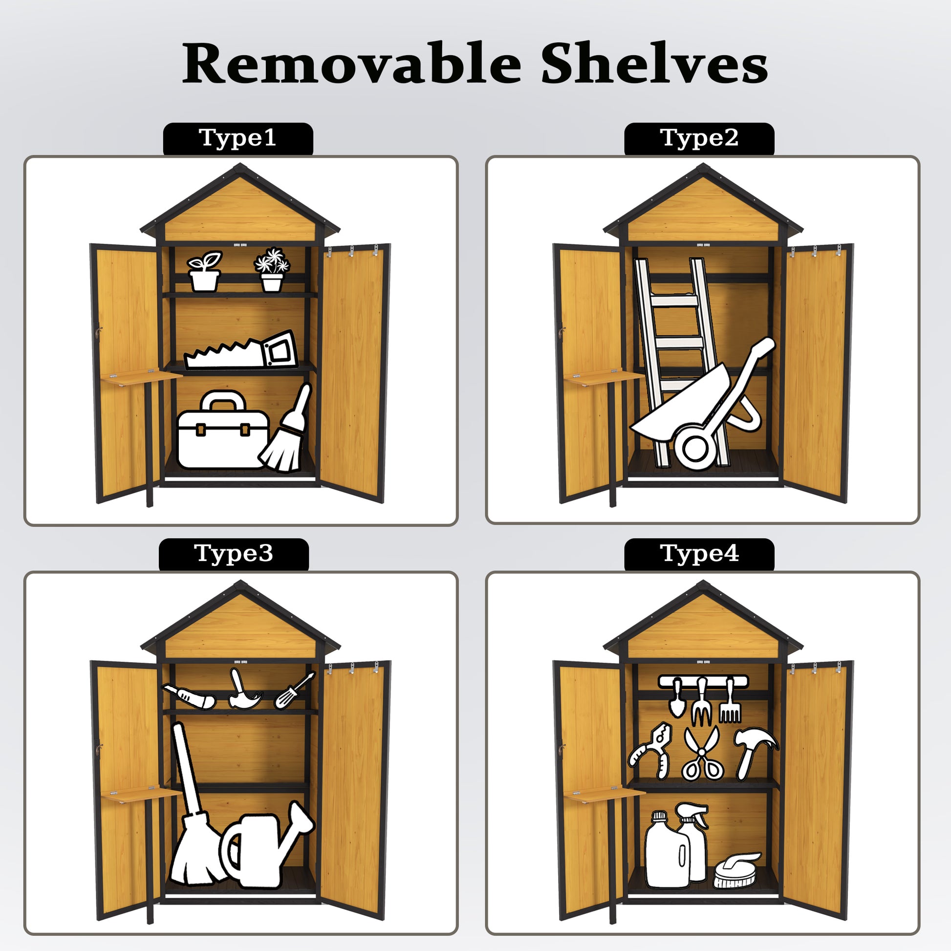 Type  garden shed wood construction with plants saw toolbox and broom