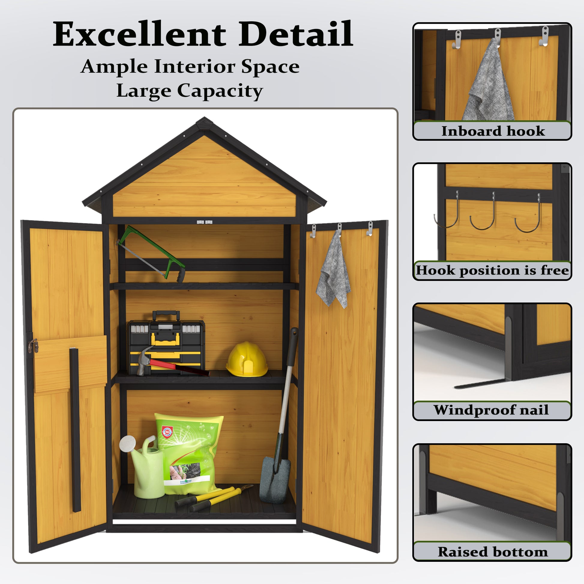 Open wooden garden shed with tools yellow hard hat and watering can inside