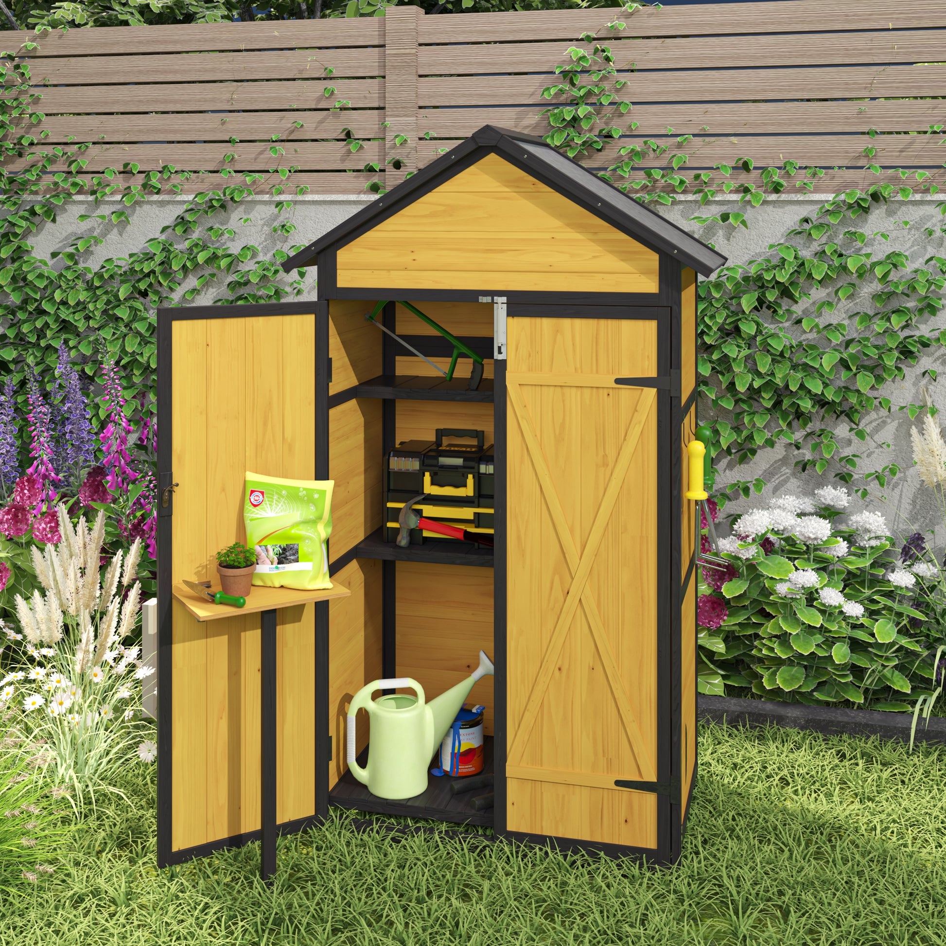Compact wooden garden shed with open doors storing gardening tools and watering can