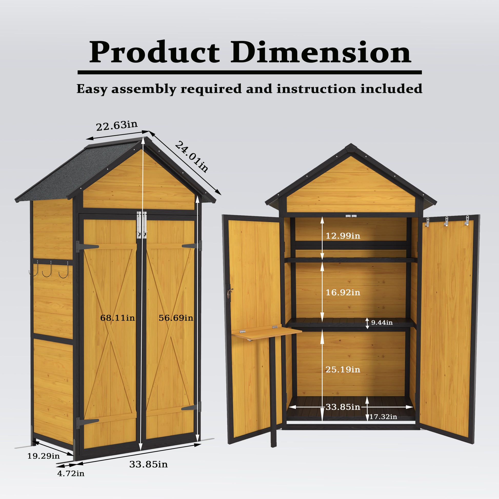 Wooden garden shed with dual doors and internal shelving in height
