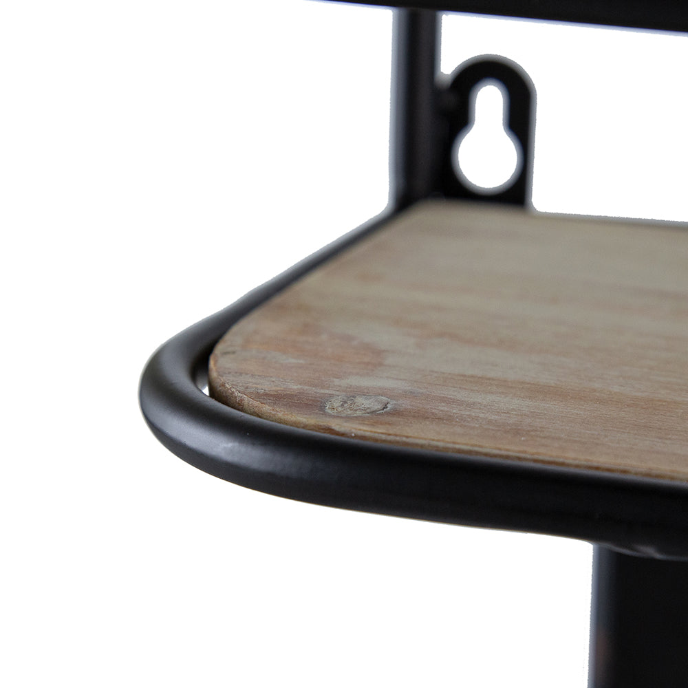 Distressed wood shelf with black metal frame ideal for rustic decor