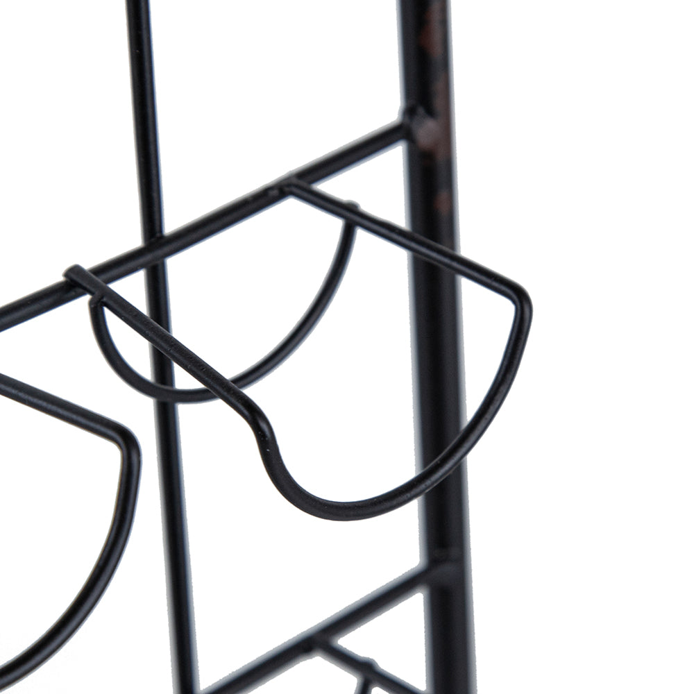 Black metal wire wine rack detail showcasing holder loops