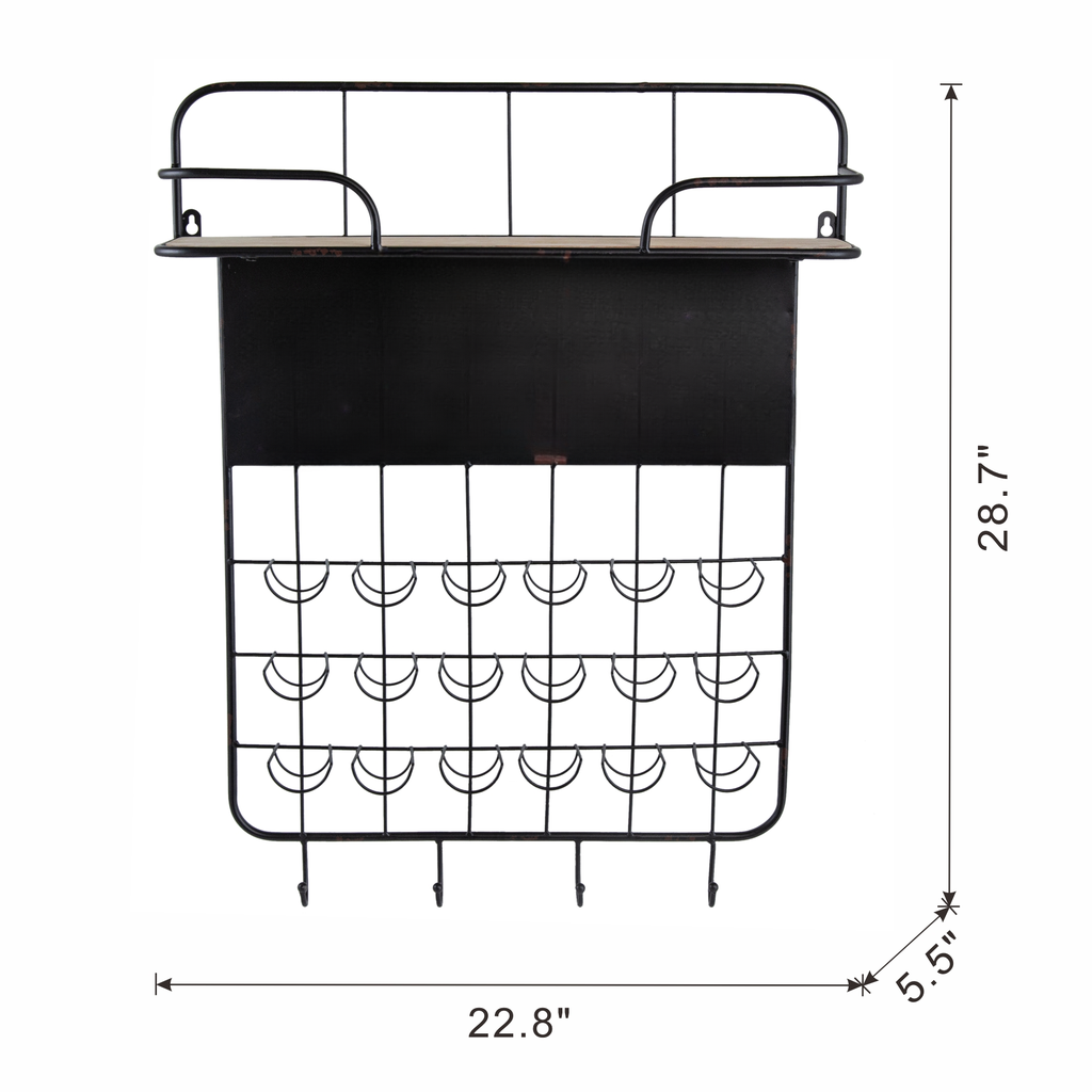 Black metal wall organizer with wooden shelf and  bottle slots