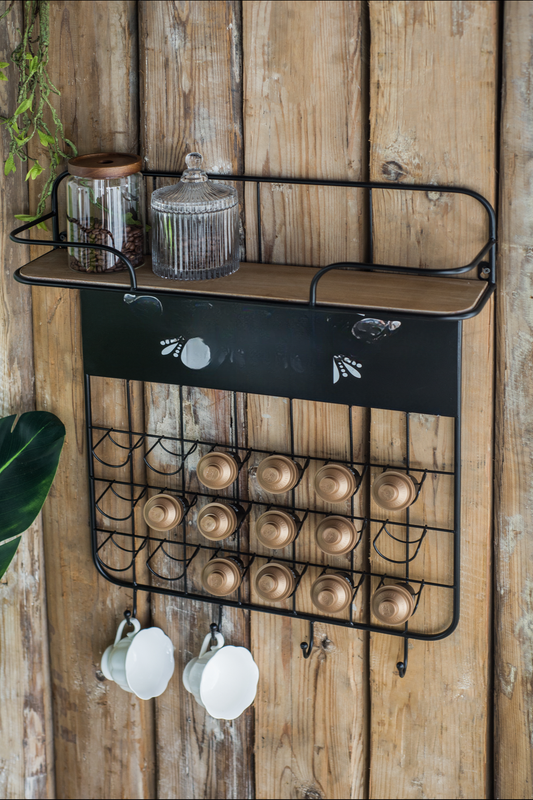Rustic wallmounted coffee pod organizer with wood shelf and glass jars