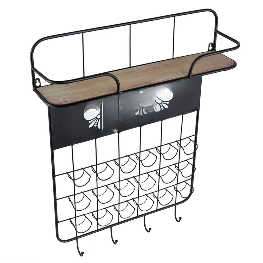 Black metal wallmounted rack with wooden shelf and  bottle slots perfect for wine storage