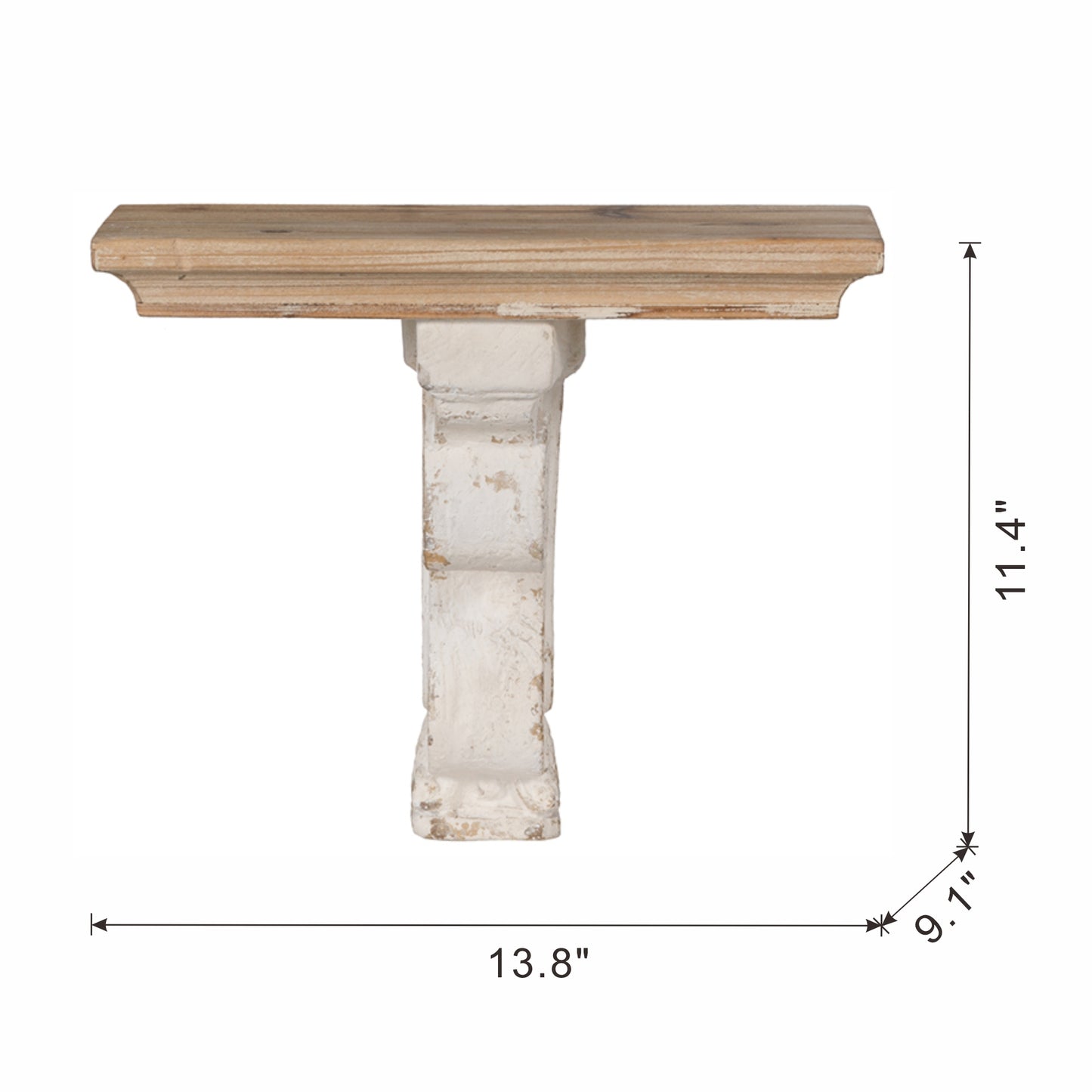 Distressed white wood corbel shelf with a natural wood top  wide
