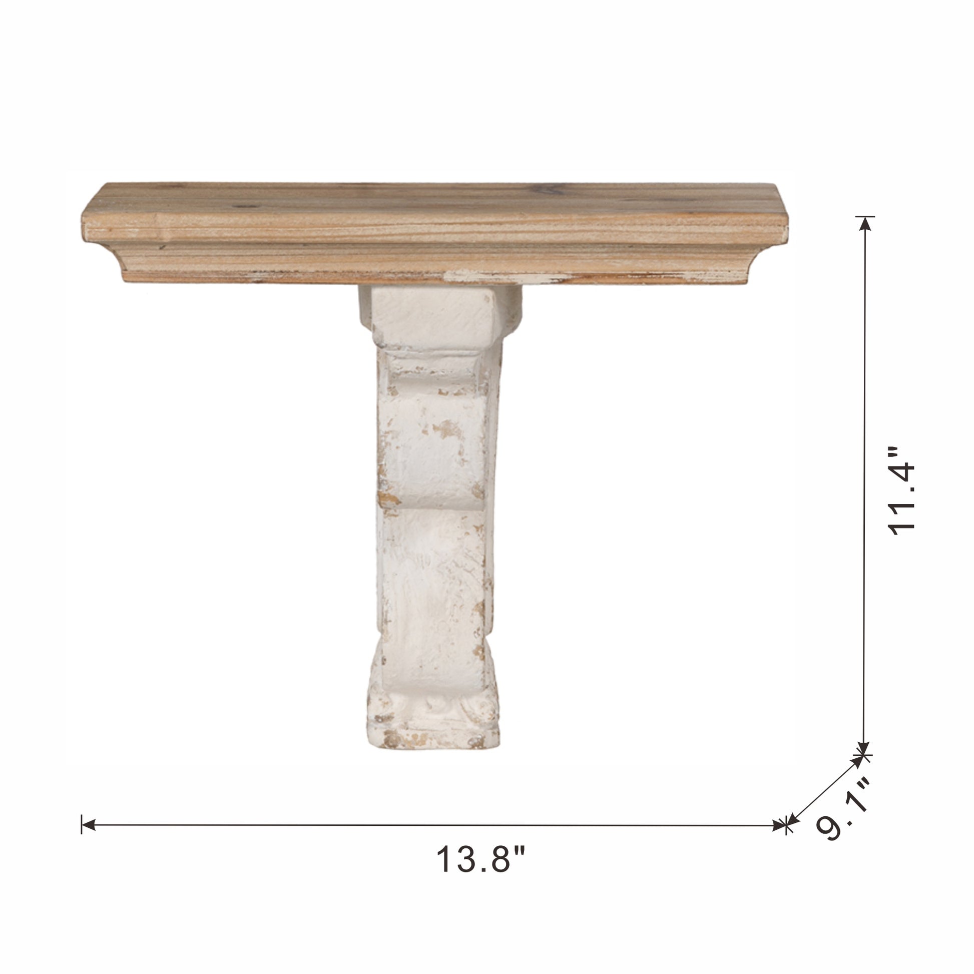 Distressed white wood corbel shelf with a natural wood top  wide