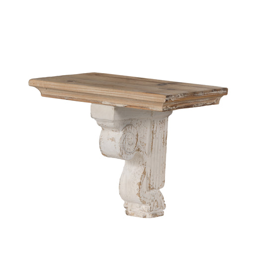 Rustic distressed white corbel shelf with natural wood top
