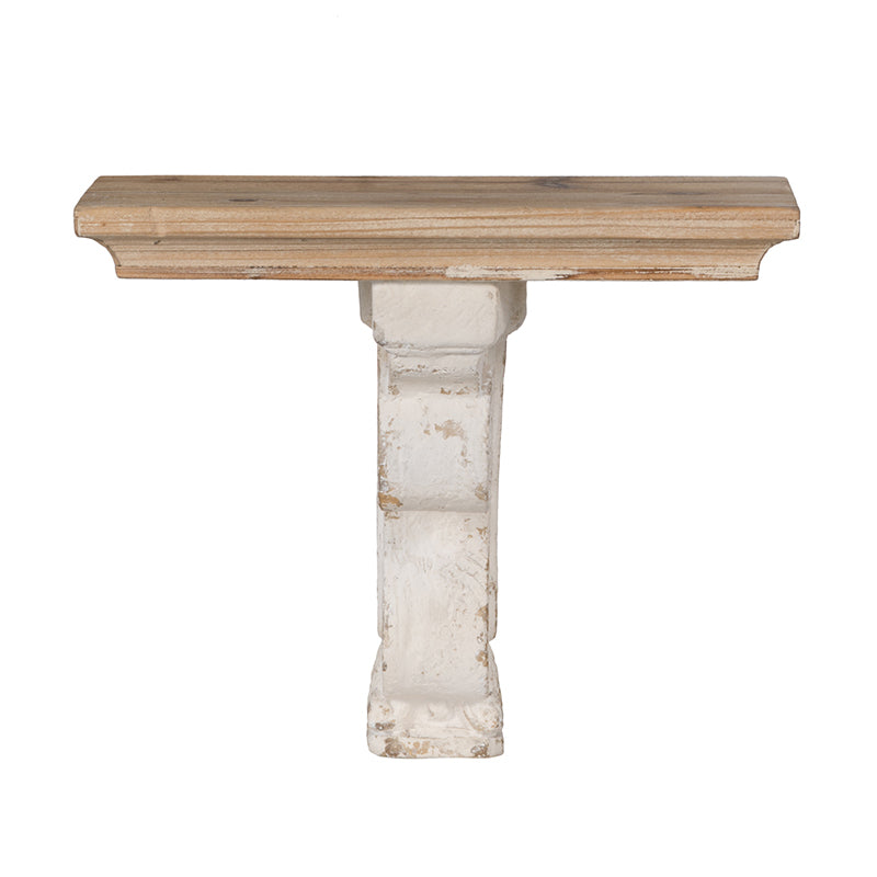 Rustic wooden mantel shelf with distressed white corbel support