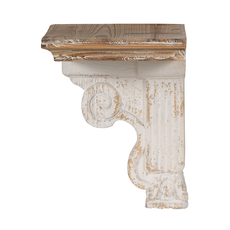 Ornate white decorative corbel with distressed wood top perfect for accent shelving