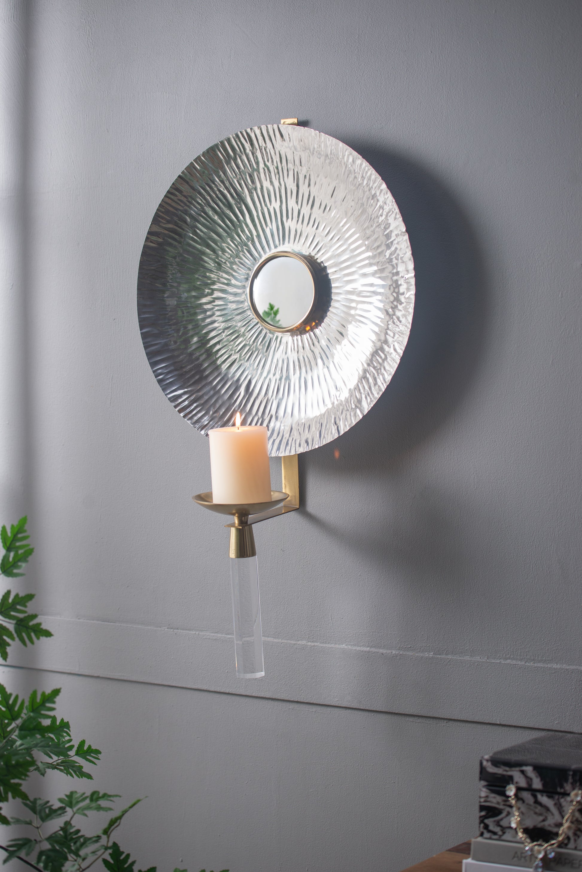 Silver hammered metal wall sconce with candle holder and crystal detail
