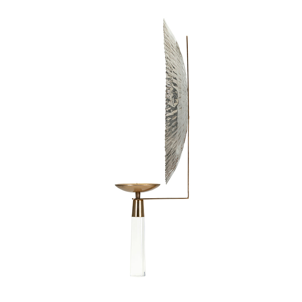 Elegant brass and crystal candle holder with textured silver reflector