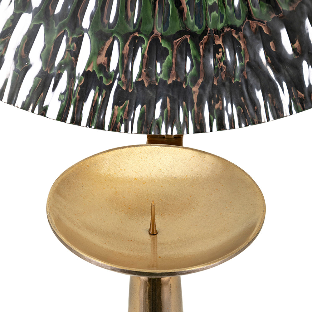 Gold taper candle holder with a textured green and black metal shade