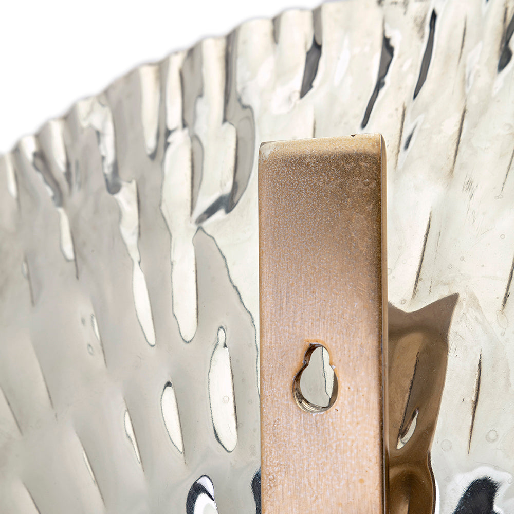 Hammered silver tray with antique brass hardware detail