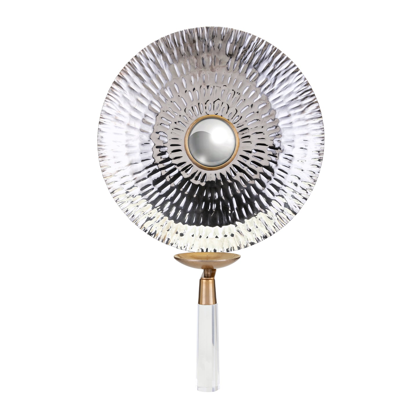 Textured silver metal wall art with gold trim and clear acrylic stem