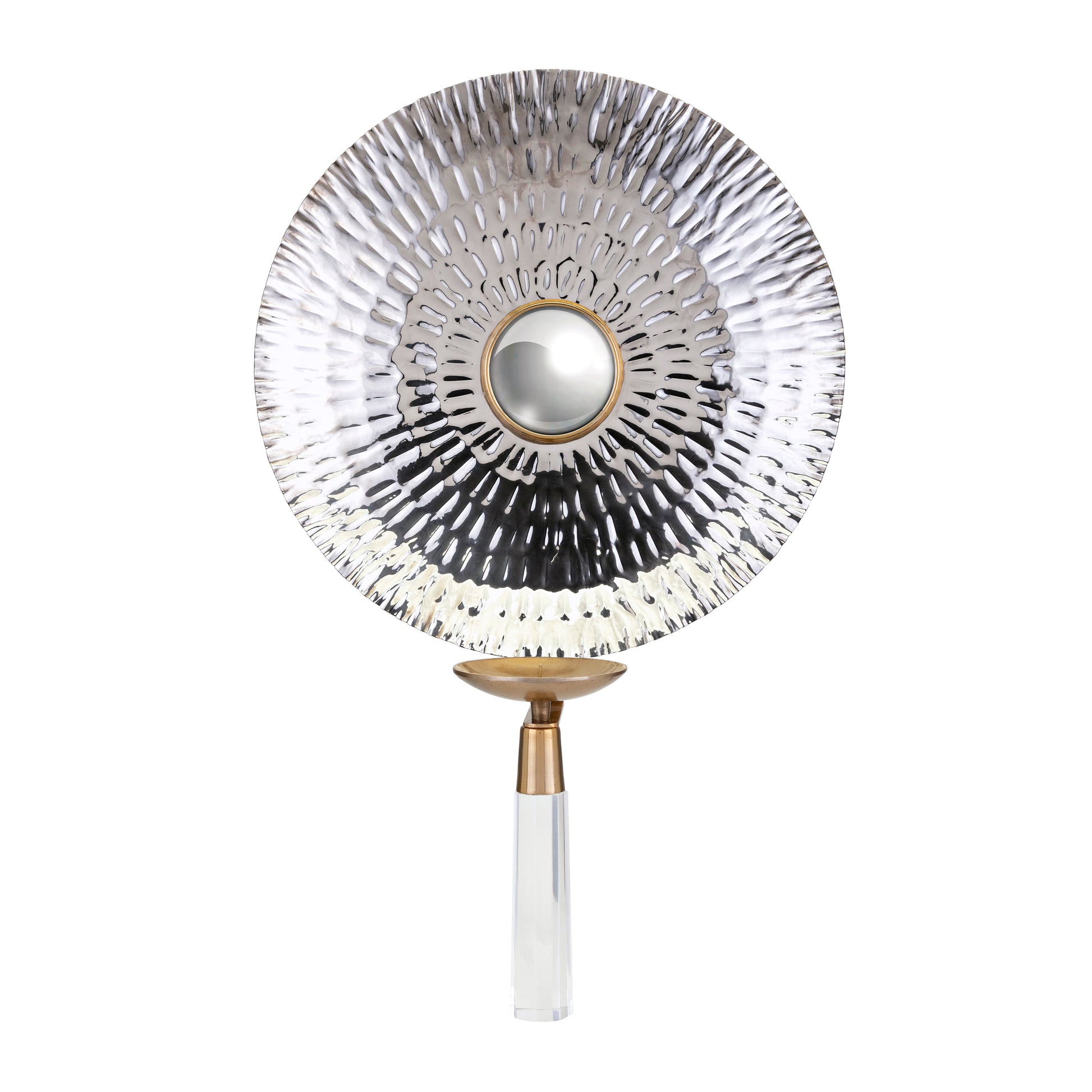 Textured silver metal wall art with gold trim and clear acrylic stem