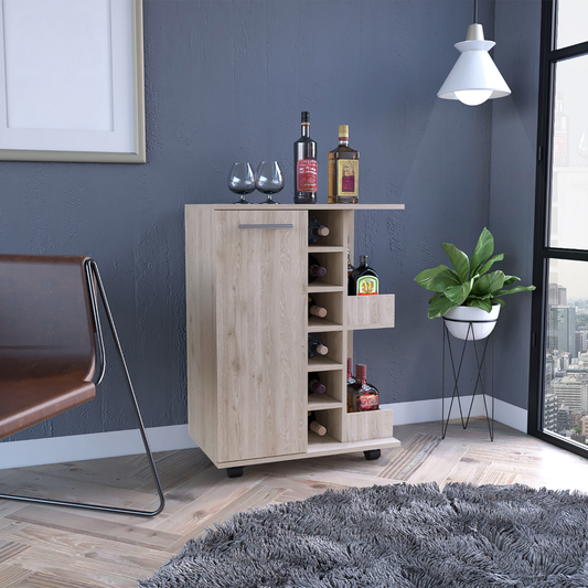 Light oak finish bar cabinet with wine rack and cabinet door