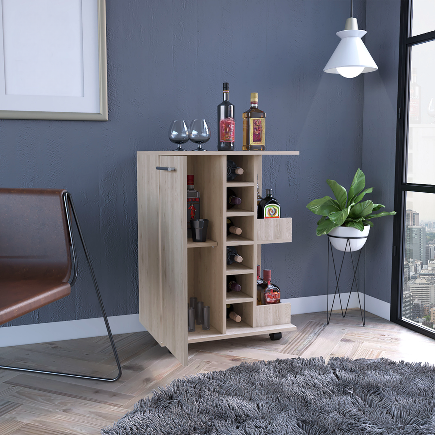 Light oak rolling bar cart with wine storage and two glasses