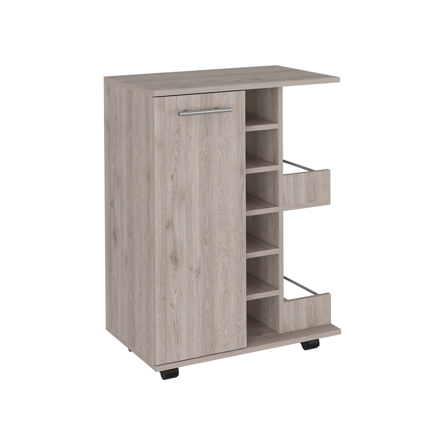 Light oak rolling kitchen cart with door and shelves