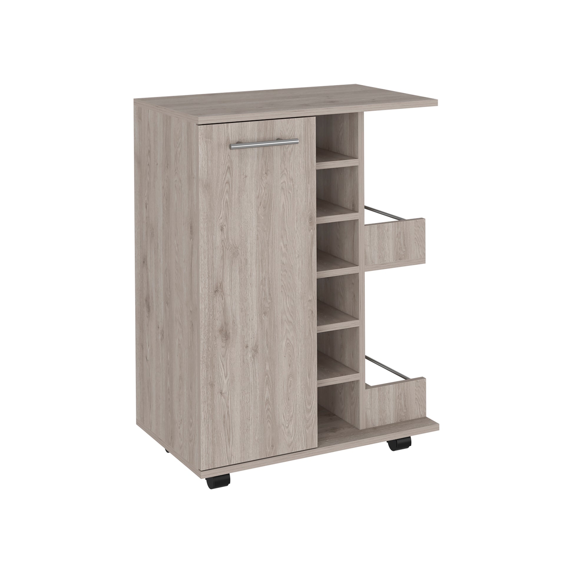 Light oak rolling kitchen cart with door and shelves