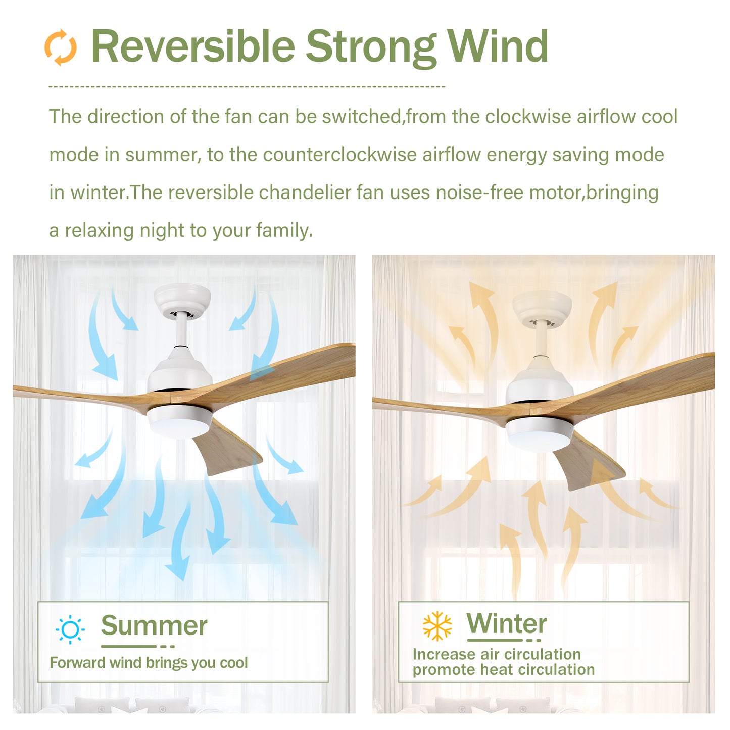 White ceiling fan with wood blades showing summer cooling airflow