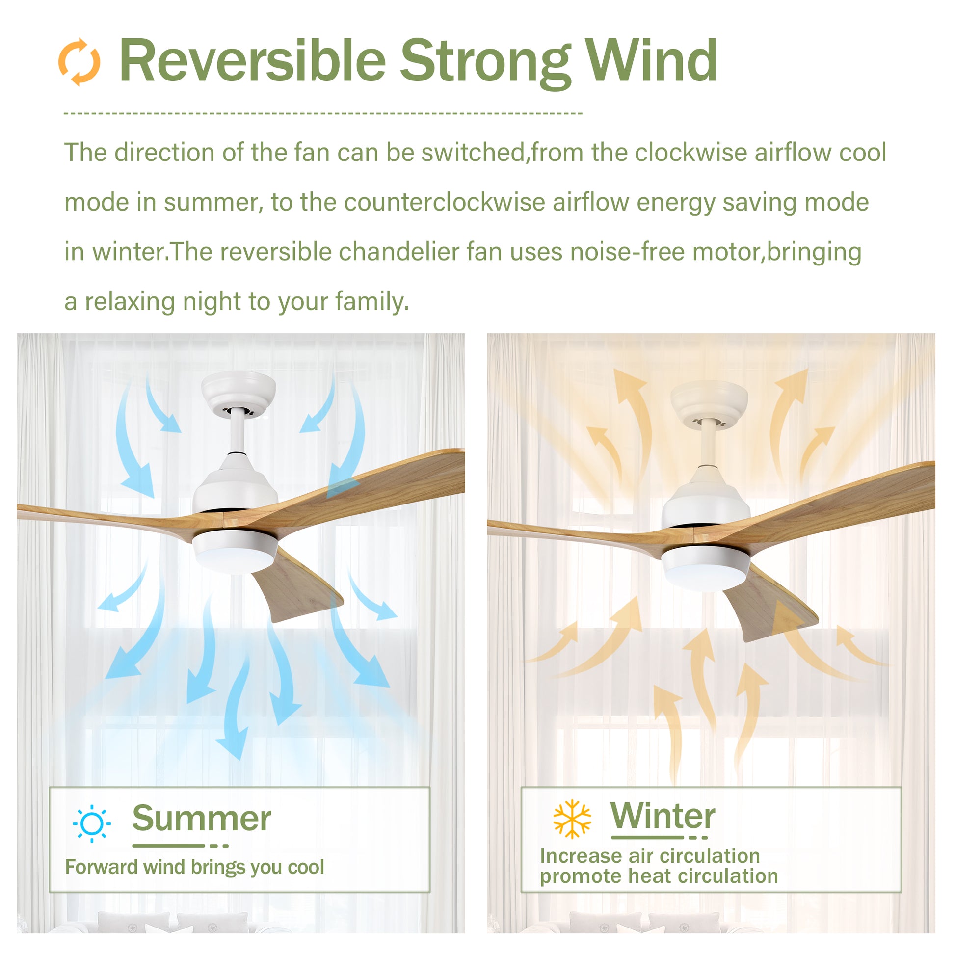 White ceiling fan with wood blades showing summer cooling airflow