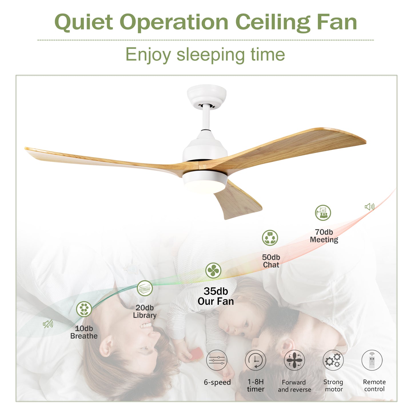 White and wood blade modern ceiling fan with LED light