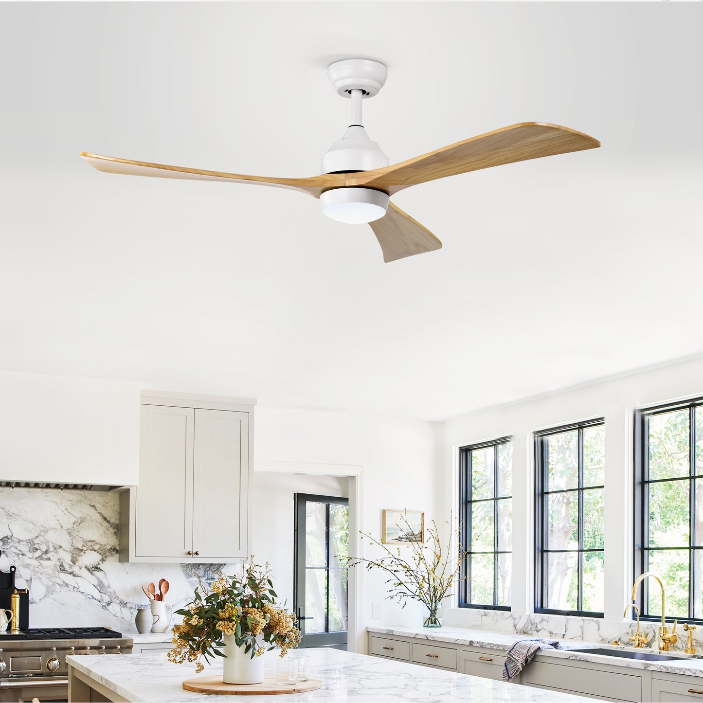White modern ceiling fan with natural wood blades and integrated LED light