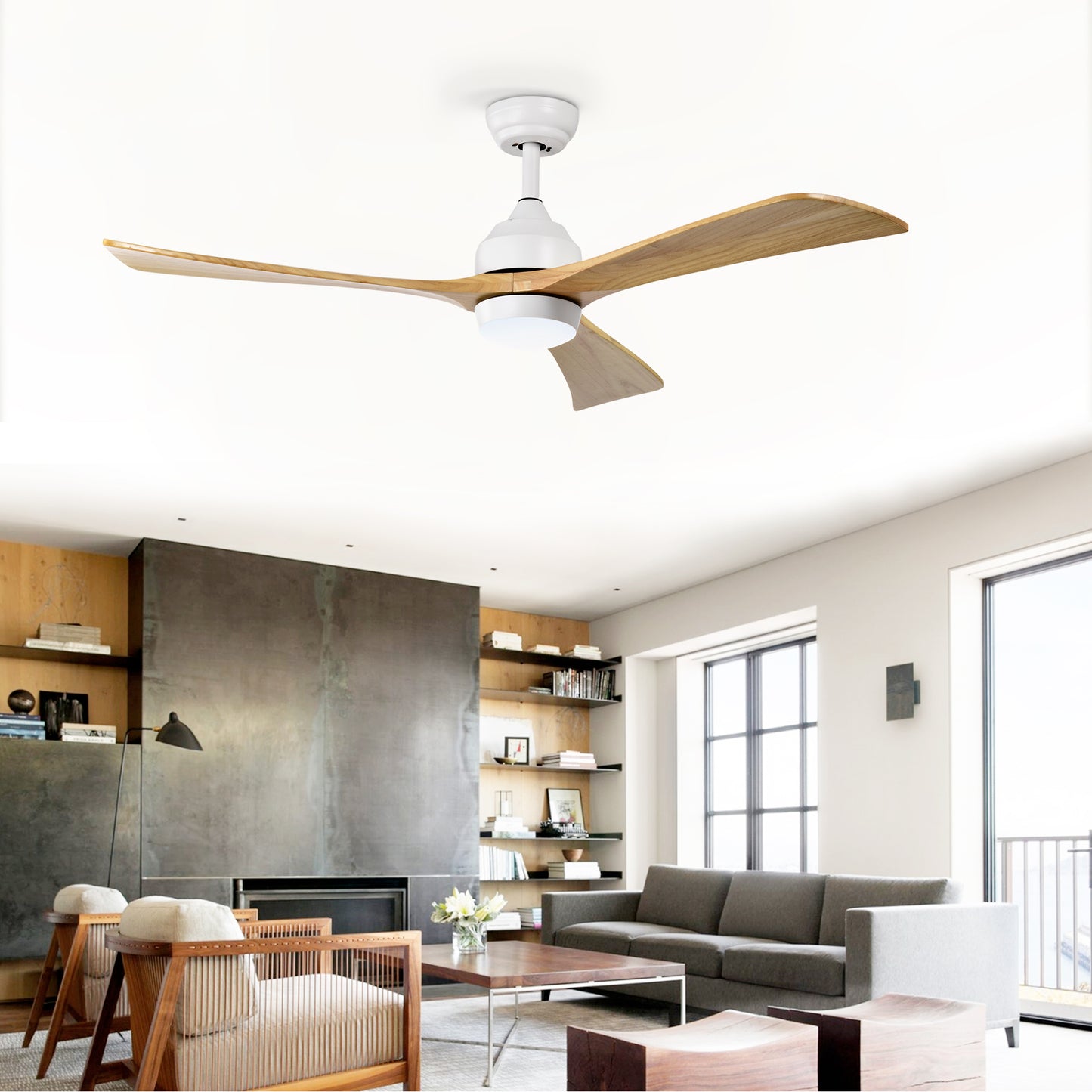Modern white ceiling fan with natural wood blades and integrated LED light